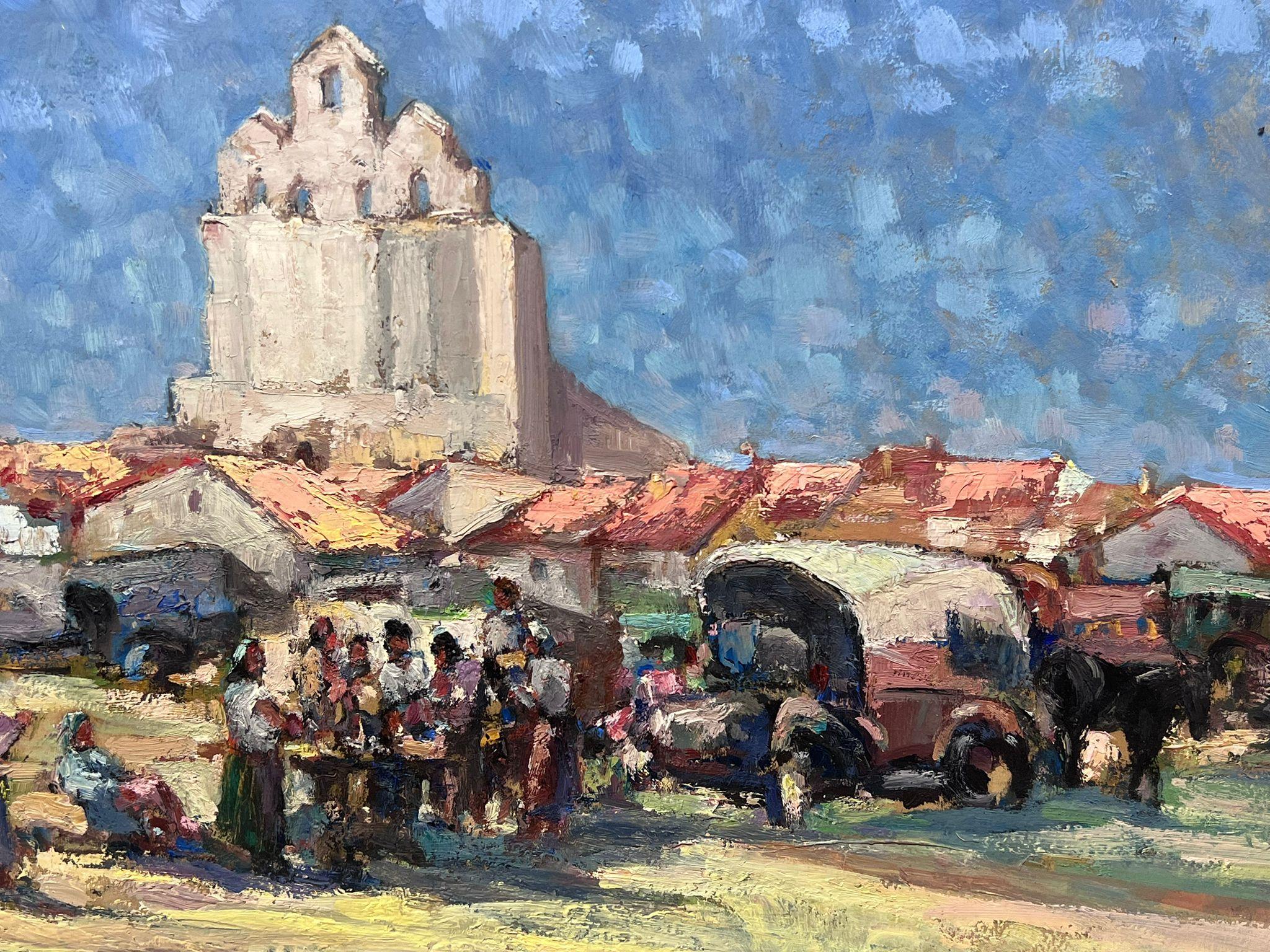 Französische impressionistische signierte Ölfiguren, Crowded Market, Sommerhimmel, 1930er Jahre (Grau), Landscape Painting, von Leon Hatot
