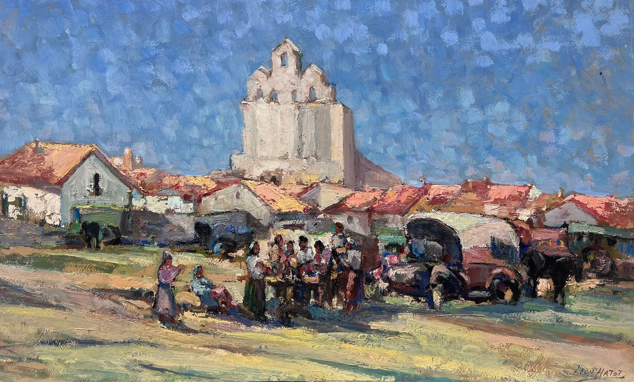 Leon Hatot Landscape Painting - 1930's French Impressionist Signed Oil Figures Crowded Market Summer Skies