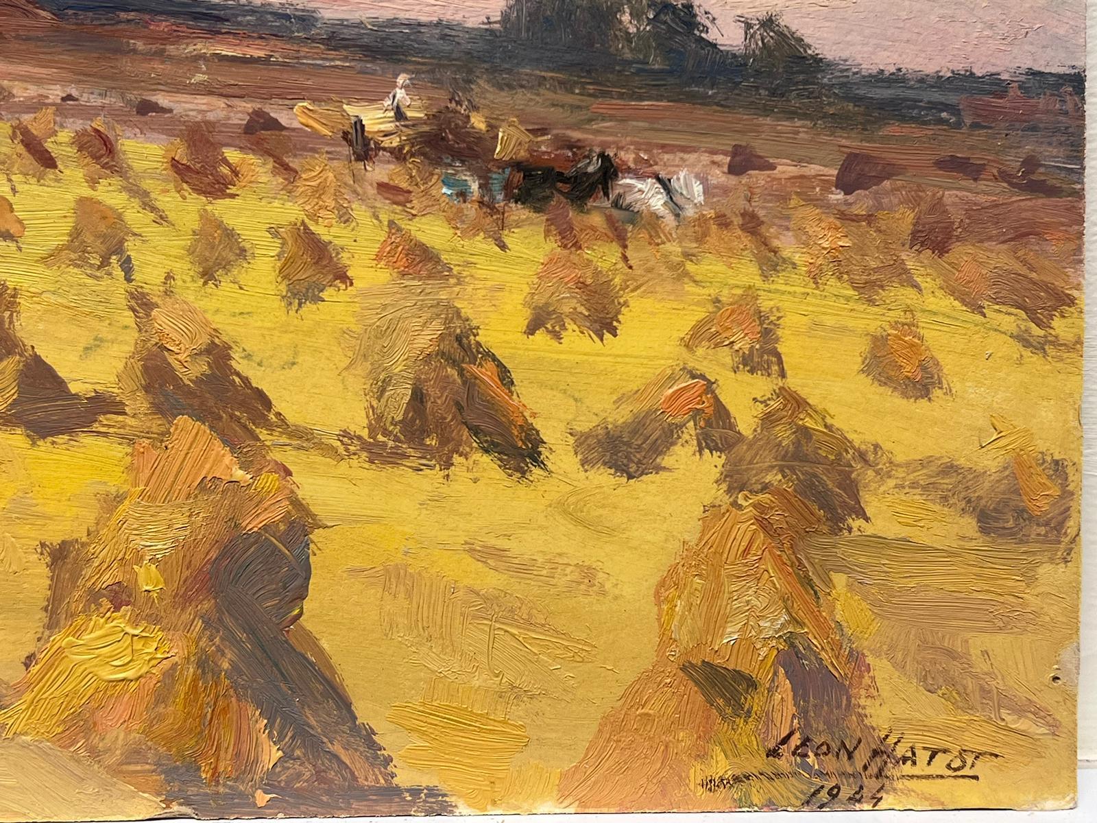 Peinture à l'huile française ancienne d'un champ d'or de Hay Bales - Painting de Leon Hatot