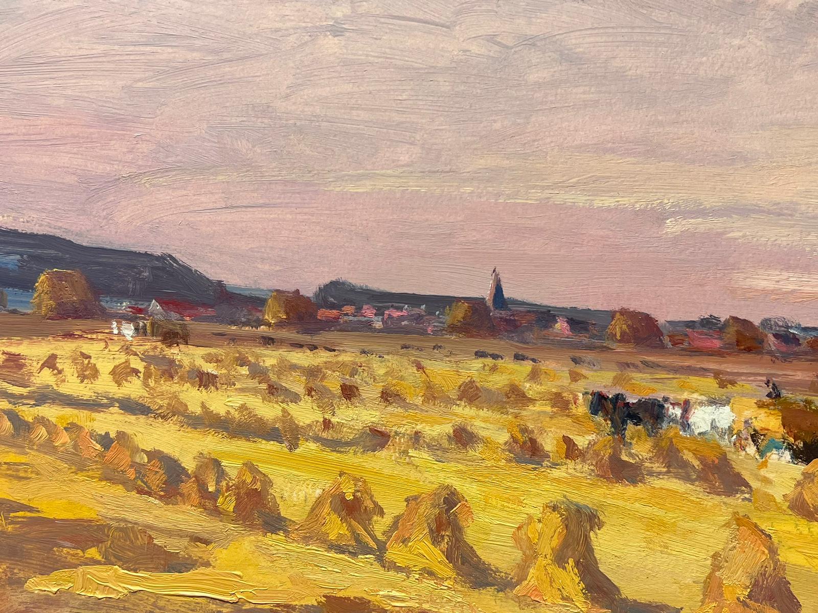 Peinture à l'huile française ancienne d'un champ d'or de Hay Bales - Impressionnisme Painting par Leon Hatot