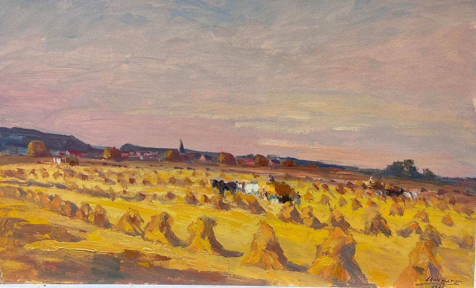 Landscape Painting Leon Hatot - Peinture à l'huile française ancienne d'un champ d'or de Hay Bales