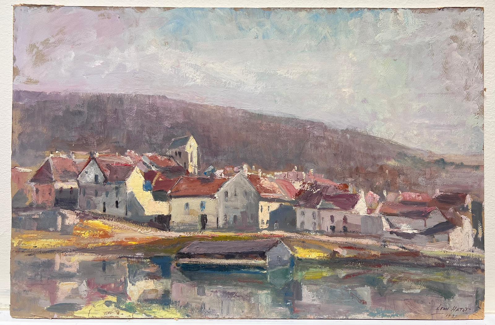 Vintage French Oil Painting Of A Grey Town Reflection Along The Lake - Gray Landscape Painting by Leon Hatot