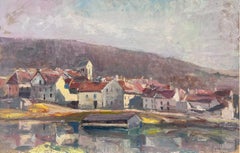 Antique French Oil Painting Of A Grey Town Reflection Along The Lake