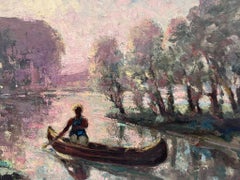 Antique French Impressionist Oil Painting Lady Rowing In Pink Dappled Lake