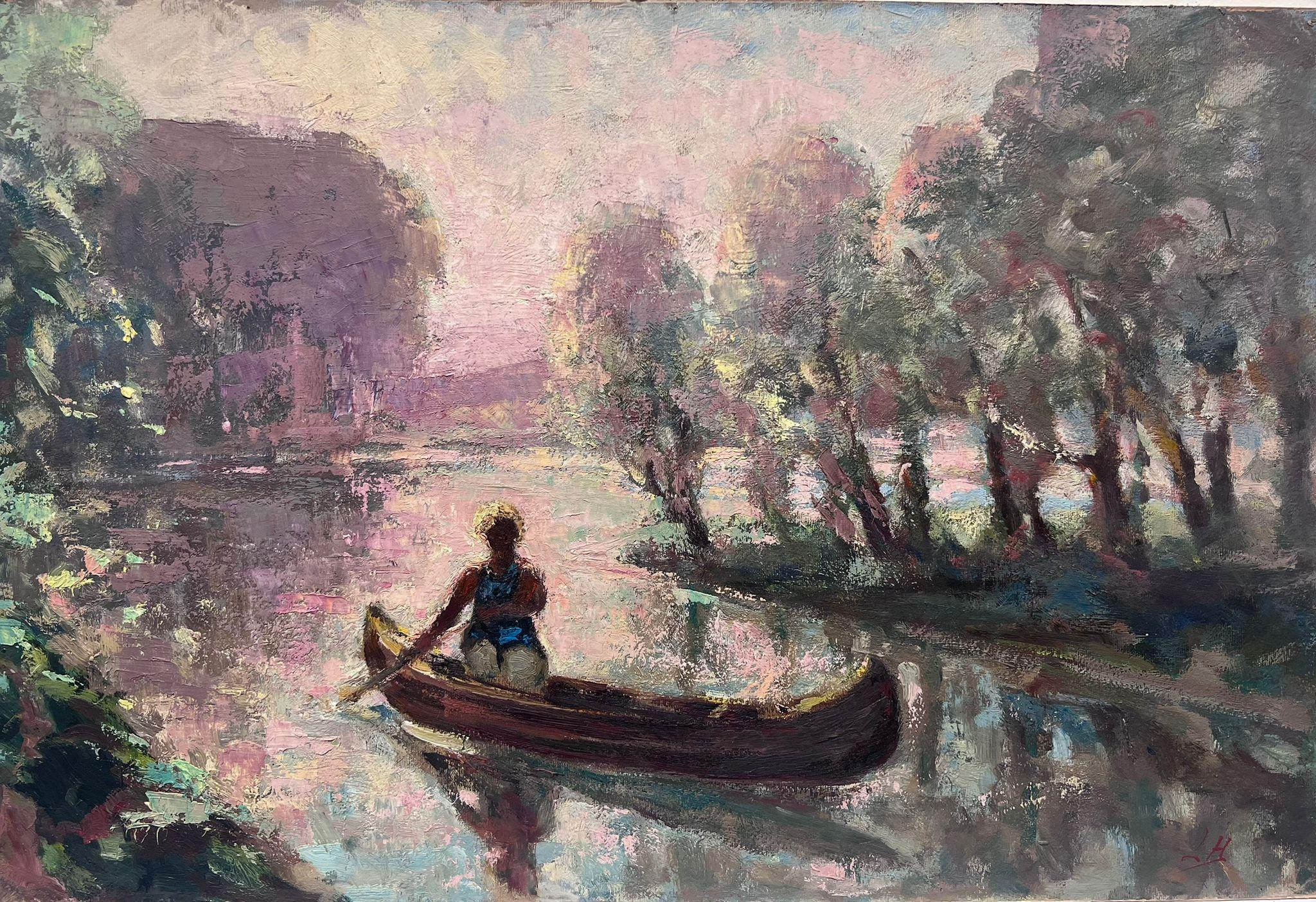 Leon Hatot Figurative Painting - Antique French Impressionist Oil Painting Lady Rowing In Pink Dappled Lake 