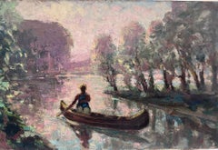 Antique French Impressionist Oil Painting Lady Rowing In Pink Dappled Lake 