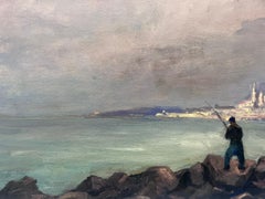 Peinture à l'huile impressionniste française vintage - Man Fishing Into The Sea On A Grey Day