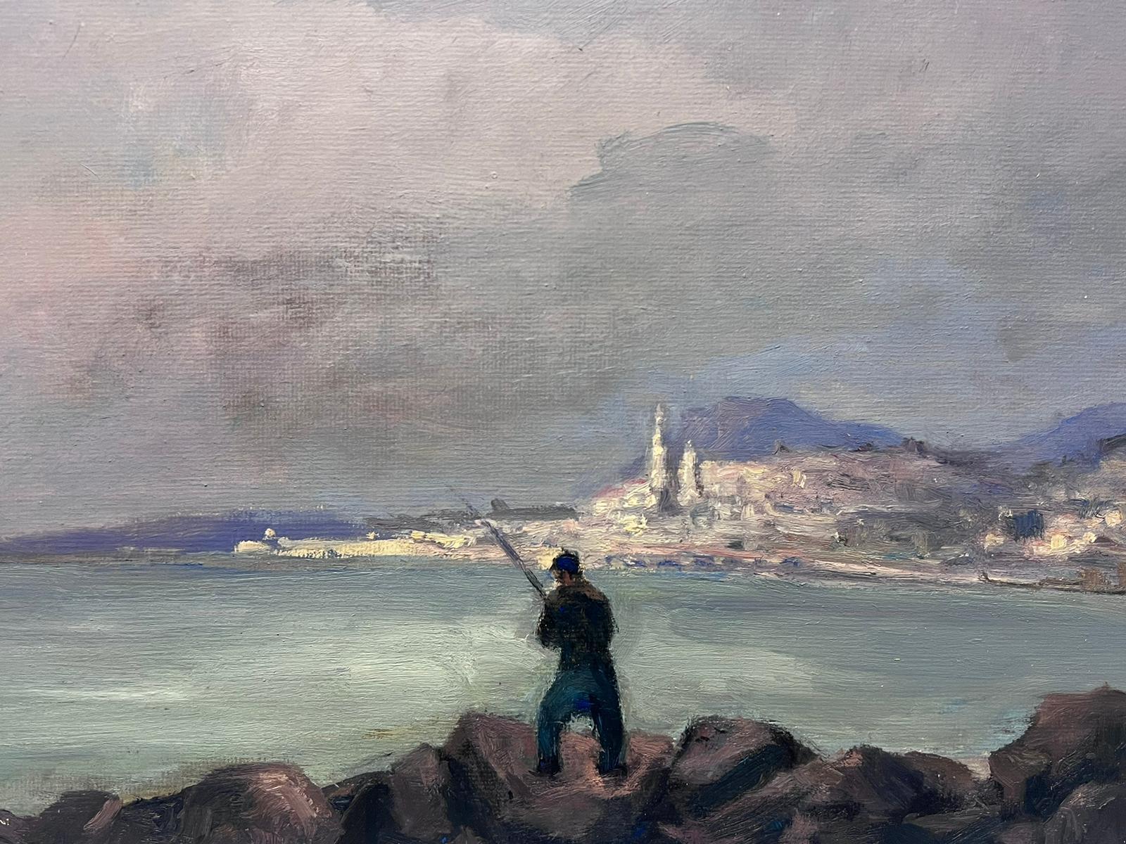 Vintage French Impressionist Oil Painting Man Fishing Into The Sea On A Grey Day For Sale 1