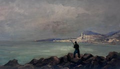 Antique French Impressionist Oil Painting Man Fishing Into The Sea On A Grey Day