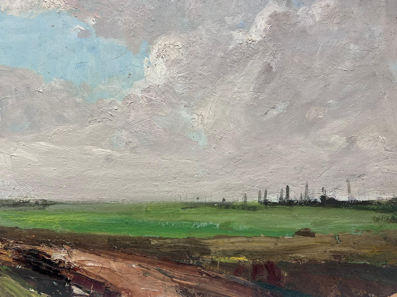 Vintage Französisch Ölgemälde von einem schlammigen Brown Track in grünen Feldern – Painting von Leon Hatot