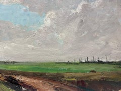 Vintage French Oil Painting Of A Muddy Brown Track In Green Fields