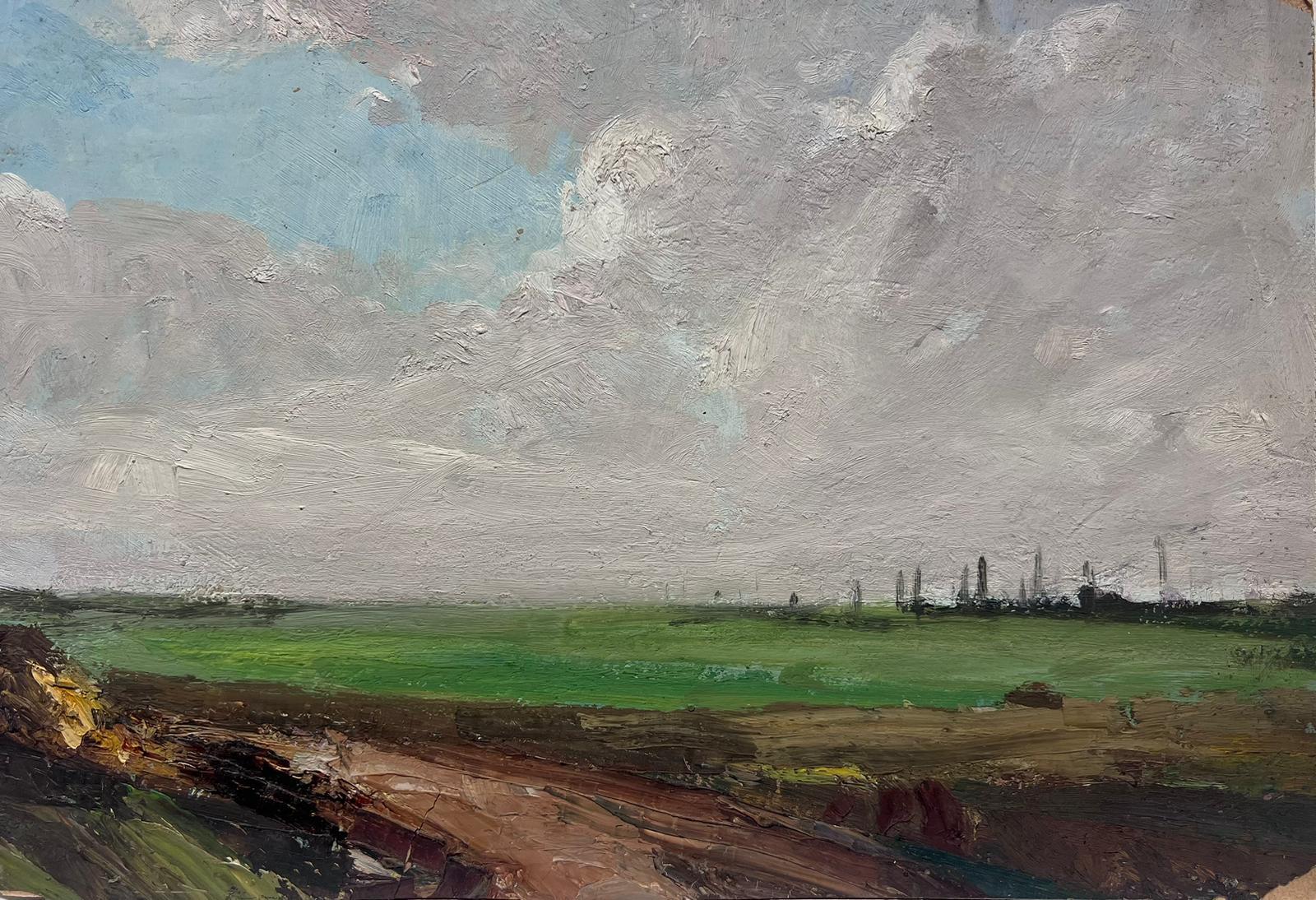 Leon Hatot Landscape Painting – Vintage Französisch Ölgemälde von einem schlammigen Brown Track in grünen Feldern