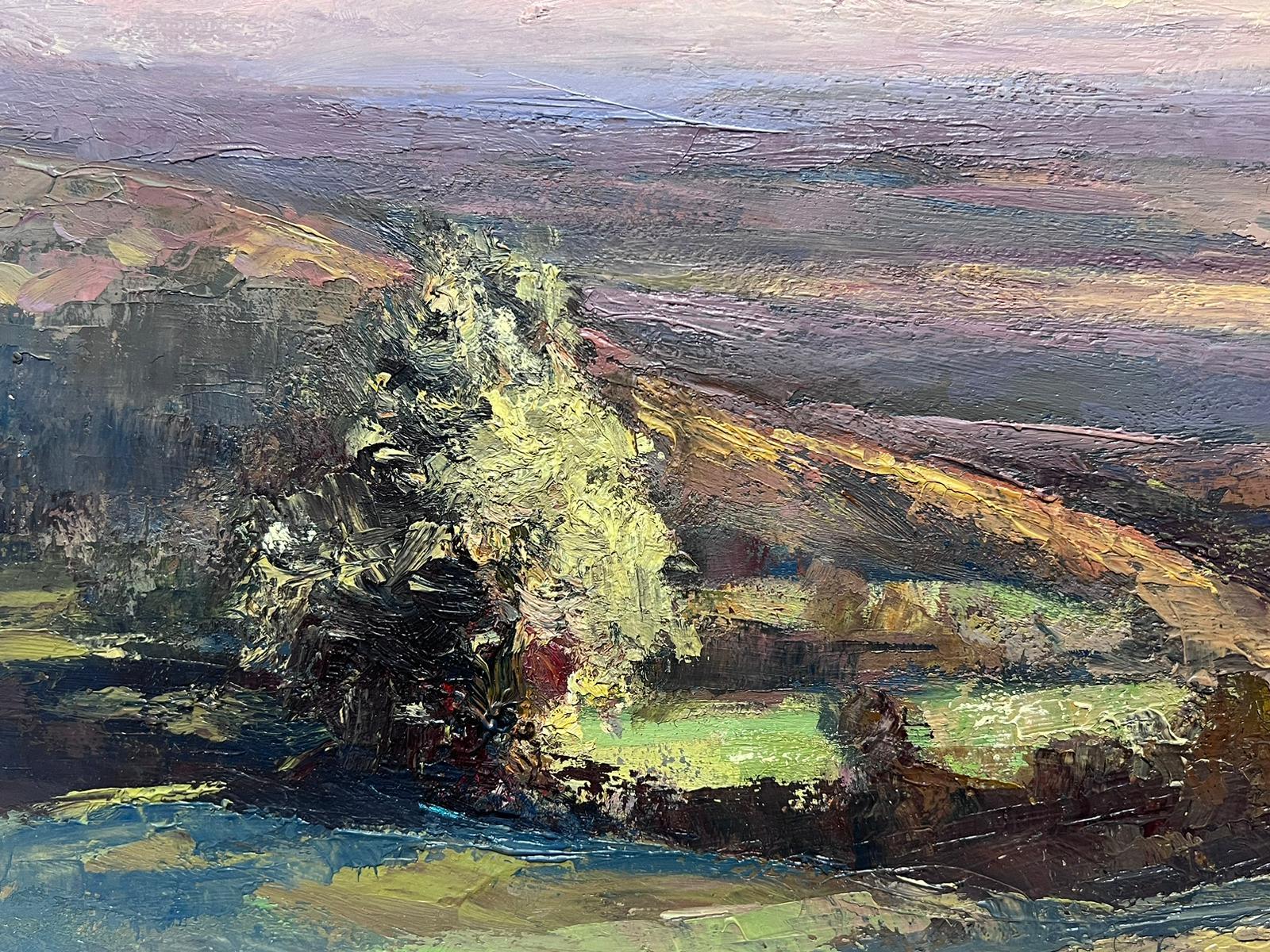 Peinture à l'huile française vintage d'un paysage de ciel violet sur les collines vertes - Impressionnisme Painting par Leon Hatot