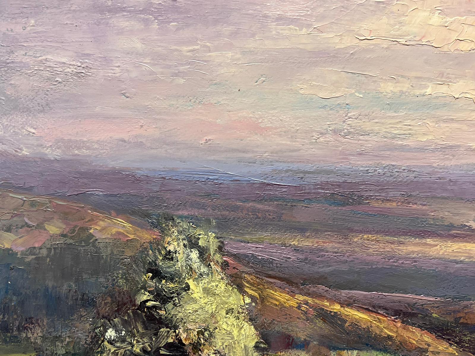 Vintage French Oil Painting Of A Purple Sky Landscape Onto The Green Hills For Sale 2
