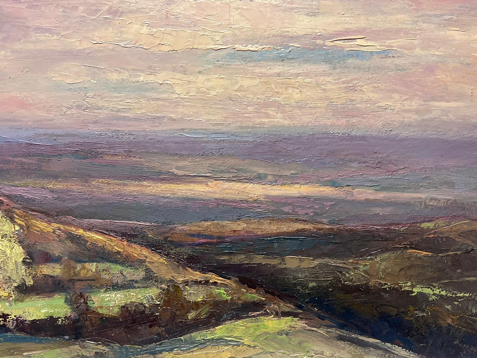 Peinture à l'huile française vintage d'un paysage de ciel violet sur les collines vertes en vente 1