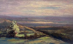 Peinture à l'huile française vintage d'un paysage de ciel violet sur les collines vertes