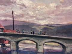 Vintage French Oil Painting Of A Purple Sunset Over A Grey Bridge With Figures