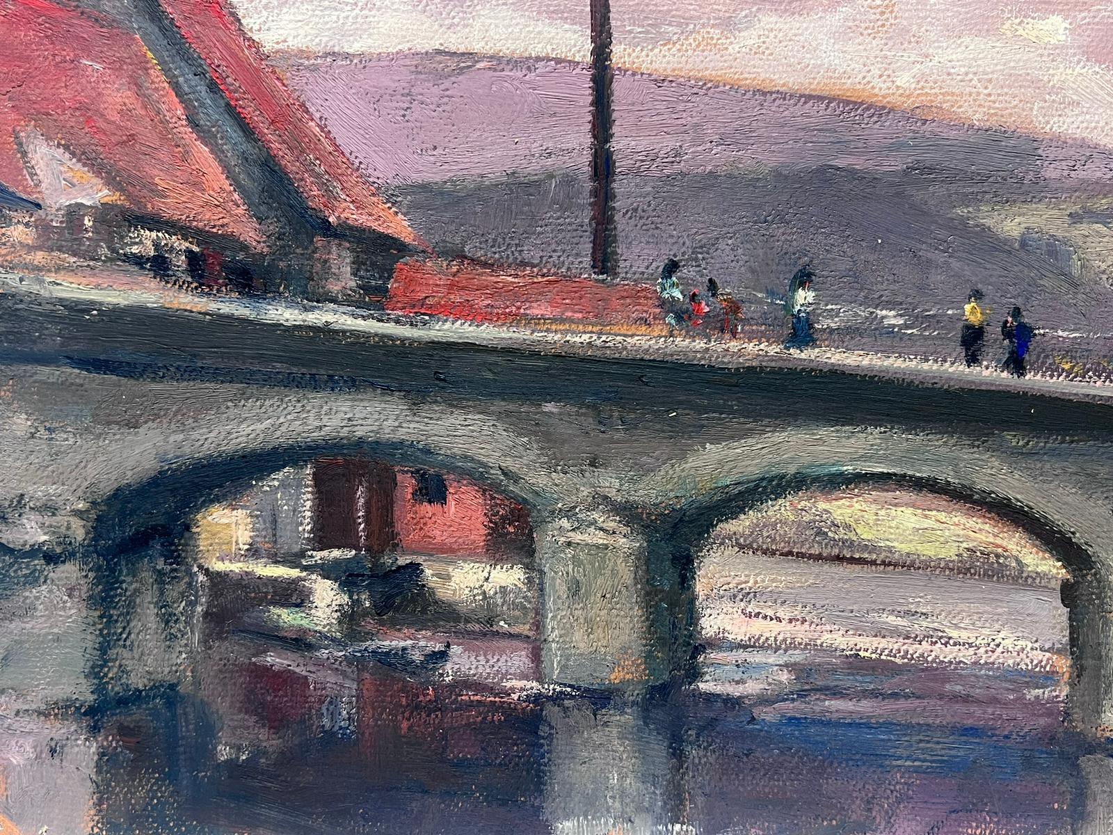 Vintage French Oil Painting Of A Purple Sunset Over A Grey Bridge With Figures For Sale 1