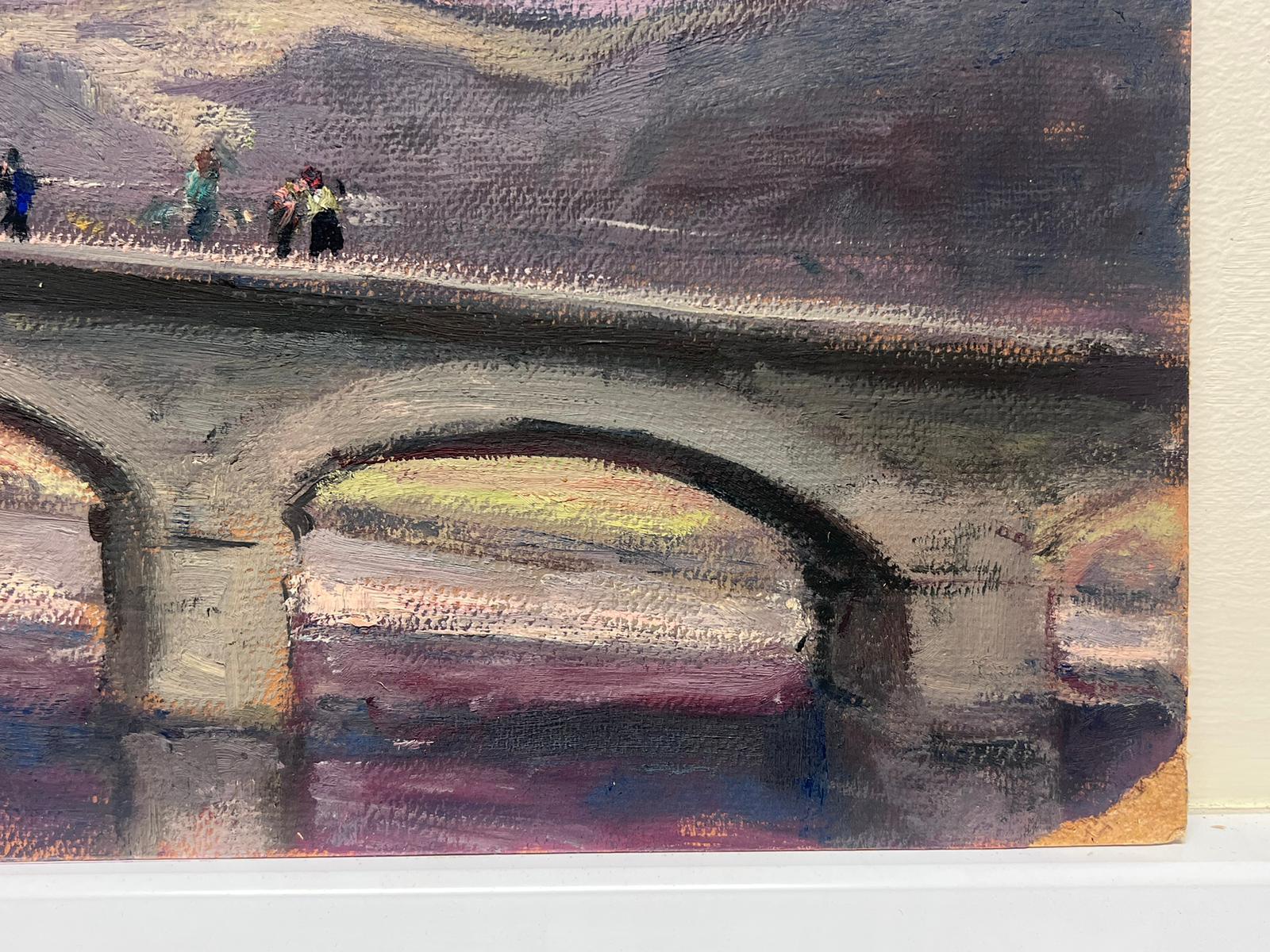Vintage French Oil Painting Of A Purple Sunset Over A Grey Bridge With Figures For Sale 2