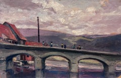 Peinture à l'huile française d'époque représentant un coucher de soleil violet sur un pont gris avec des personnages