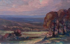 Vintage French Oil Painting Of A Purple Sunset Over Village Landscape