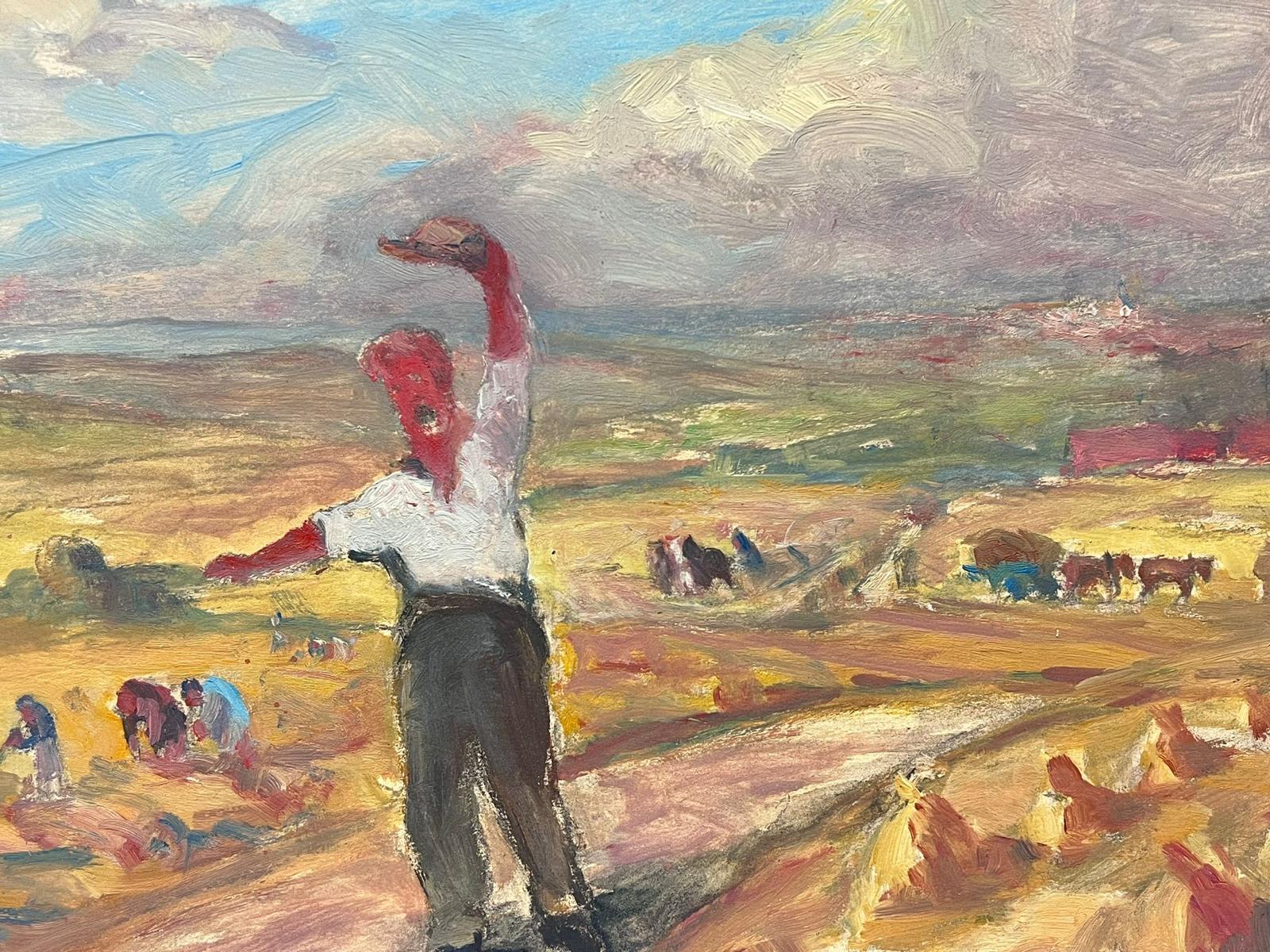 Peinture à l'huile française ancienne - Fermier dans des champs de récolte - Paysage à la lumière d'or - Painting de Leon Hatot