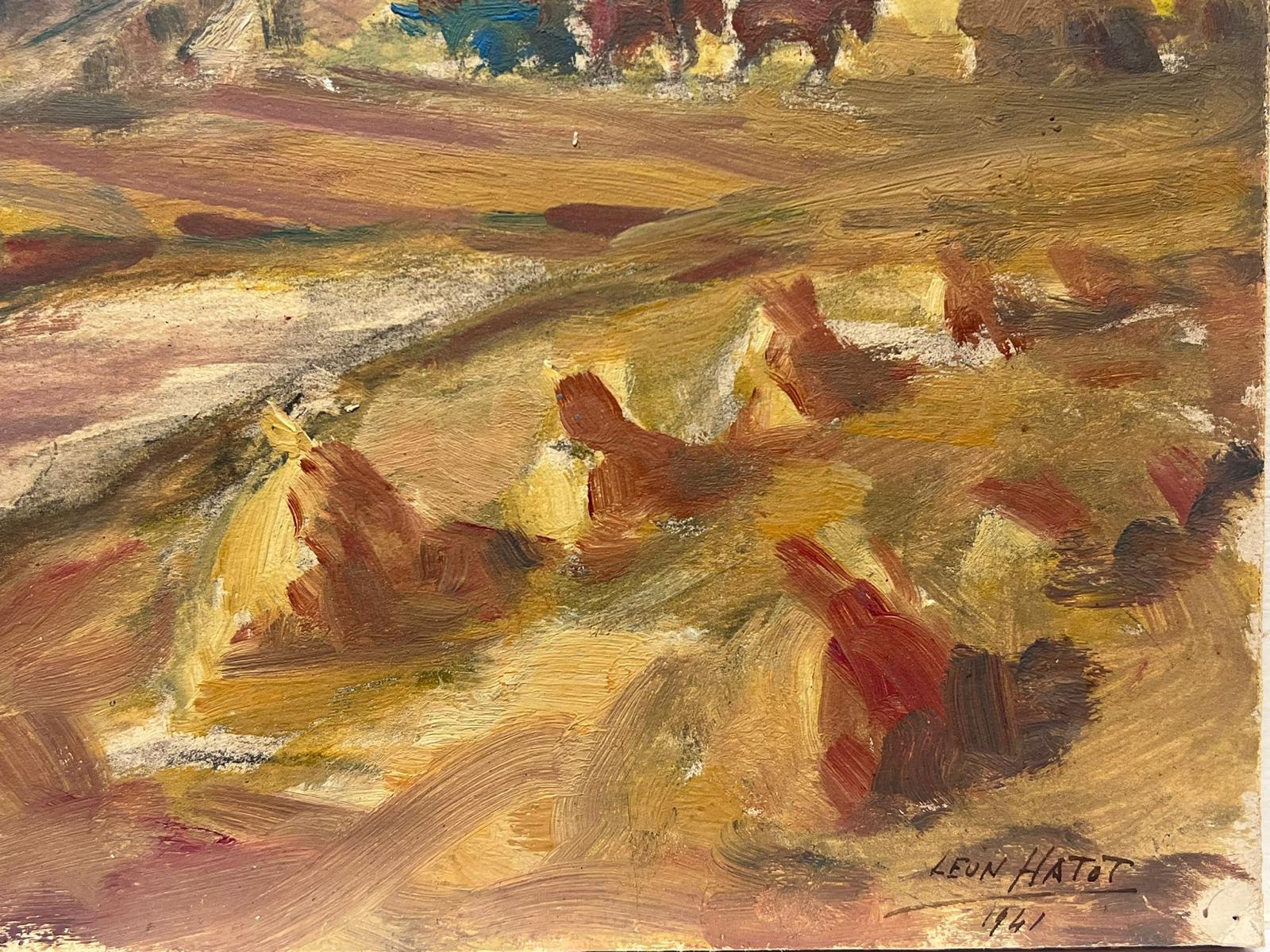 Vintage Französisch Ölgemälde Landwirt in Erntefeldern Goldenes Licht Landschaft (Impressionismus), Painting, von Leon Hatot