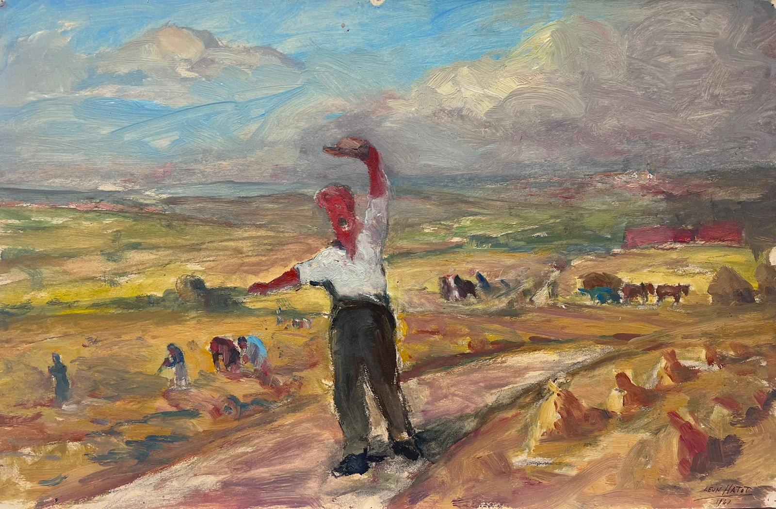 Landscape Painting Leon Hatot - Peinture à l'huile française ancienne - Fermier dans des champs de récolte - Paysage à la lumière d'or
