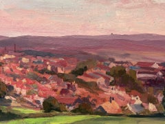 1940's French Oil Painting Sunset View over Old Rooftops Far Reaching Views
