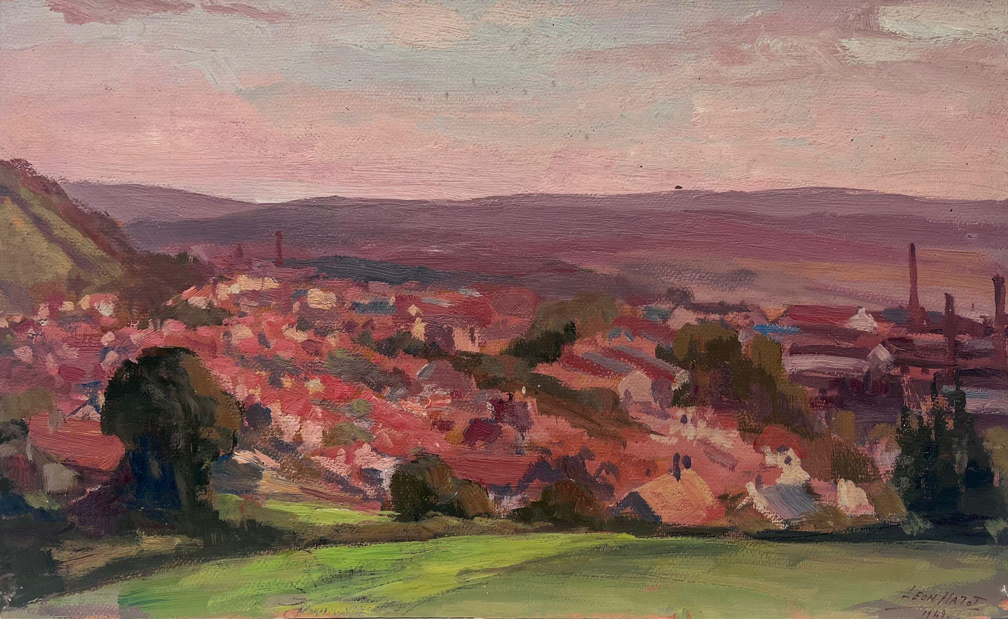 Leon Hatot Landscape Painting - 1940's French Oil Painting Sunset View over Old Rooftops Far Reaching Views
