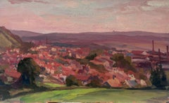 1940's French Oil Painting Sunset View over Old Rooftops Far Reaching Views