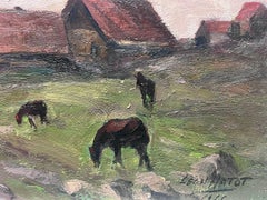 Vintage French Oil Painting Of Brown Horses In Open Field Path