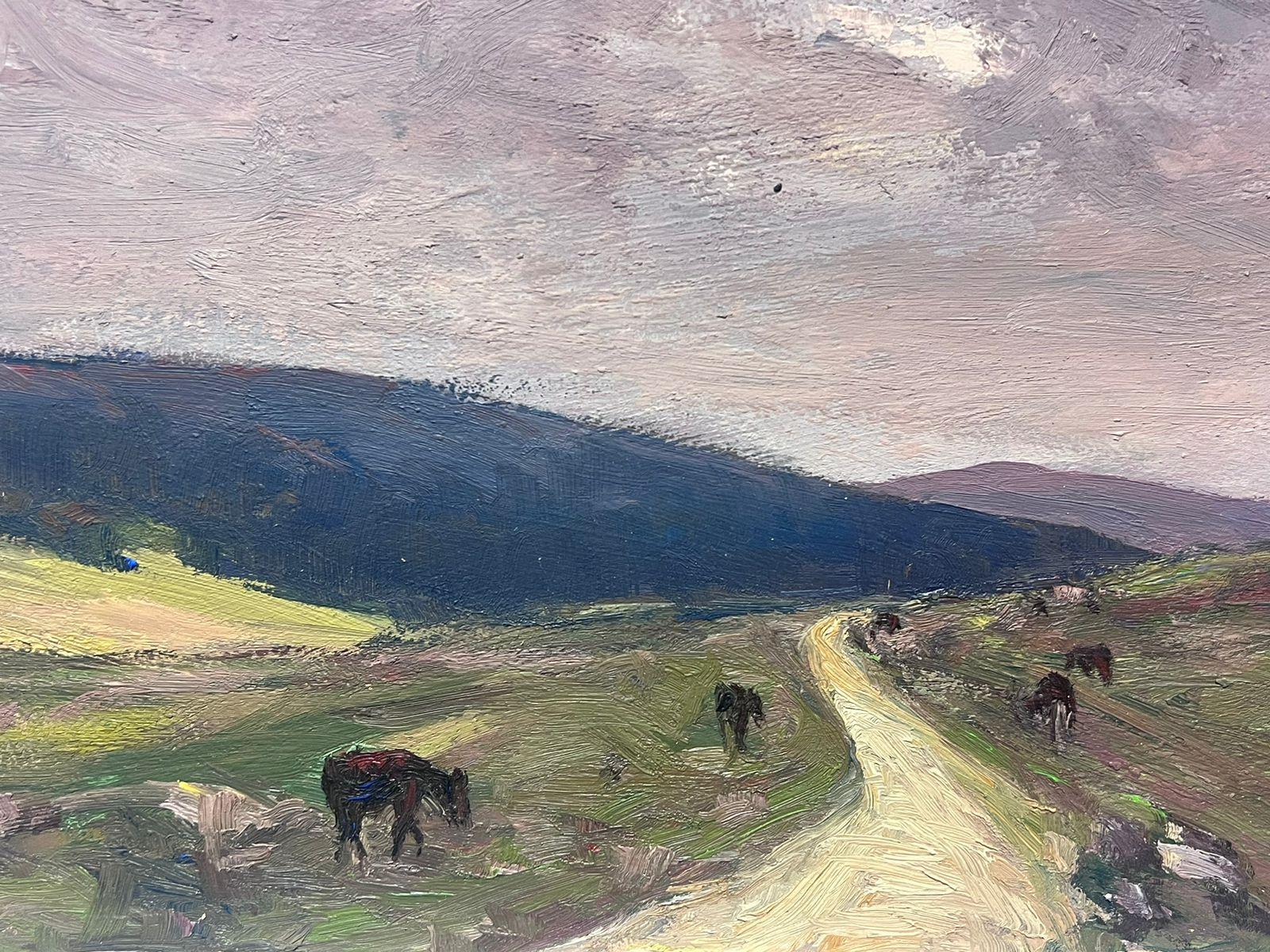Vintage French Oil Painting Of Brown Horses In Open Field Path  For Sale 1