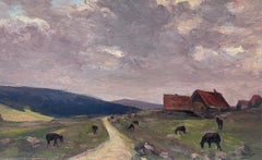 Antique French Oil Painting Of Brown Horses In Open Field Path 