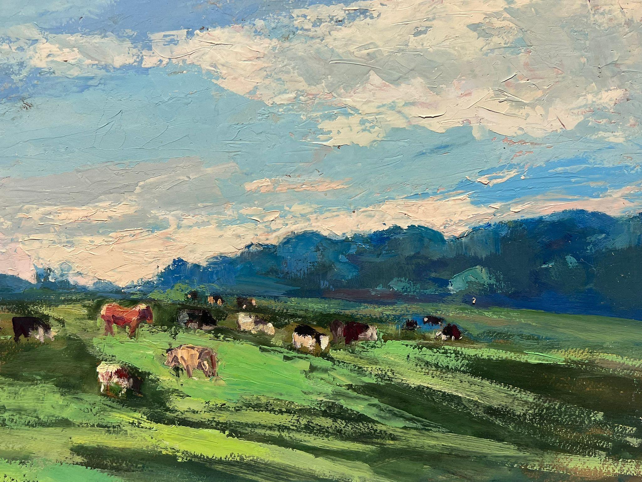 Peinture à l'huile française ancienne - Paysage d'été avec vaches qui brouillent sur des gazons verts - Painting de Leon Hatot