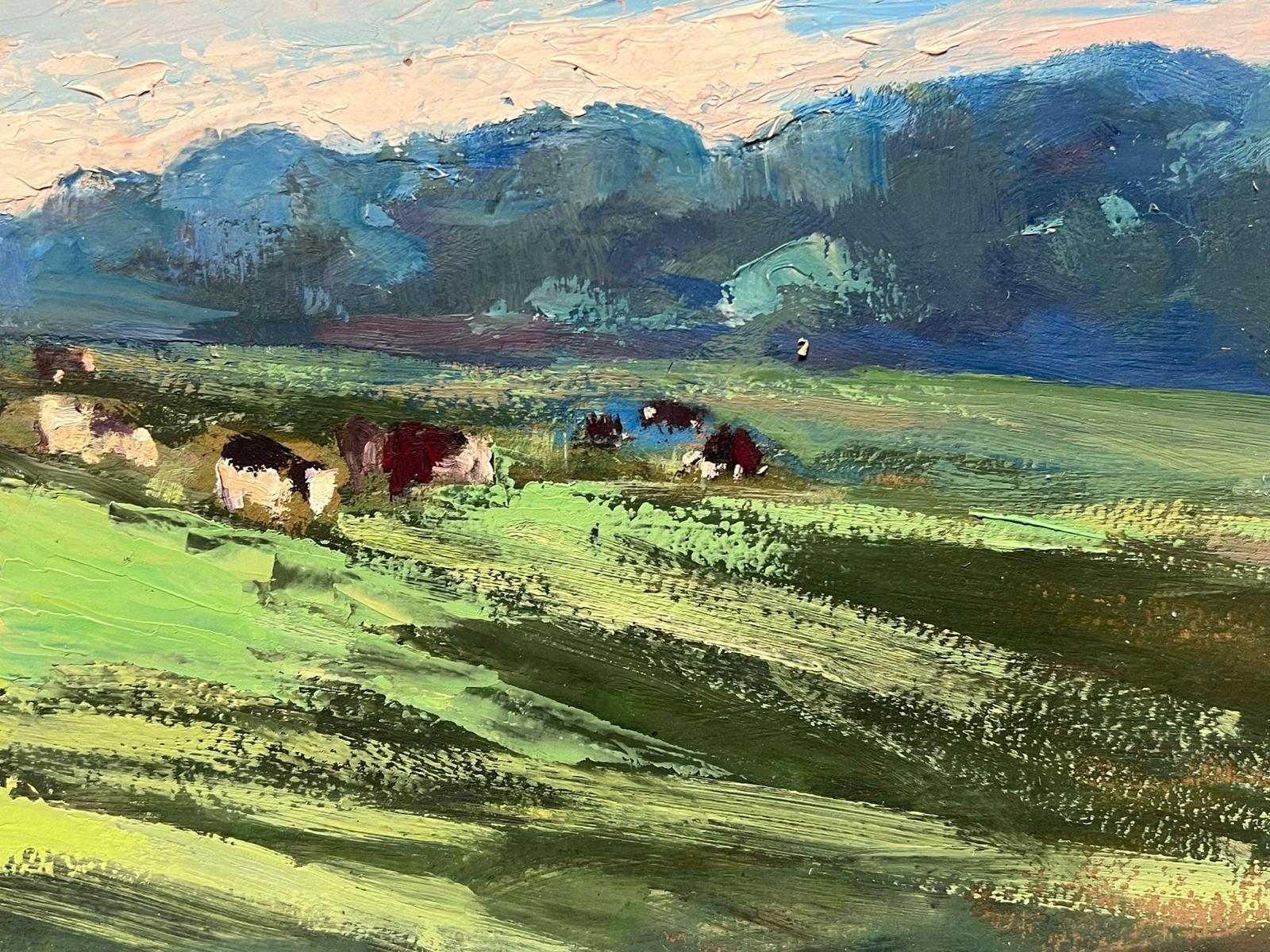 Vintage French Oil Painting Cows Grazing Green Summer Grass Summer Landscape For Sale 2