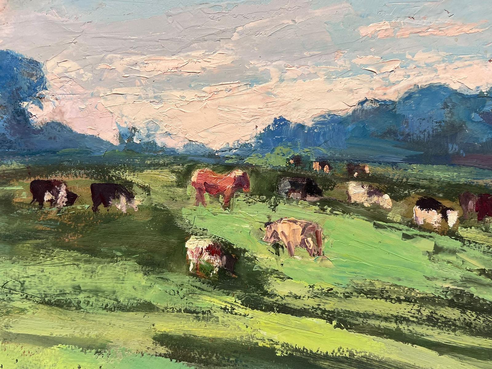 Peinture à l'huile française ancienne - Paysage d'été avec vaches qui brouillent sur des gazons verts en vente 1