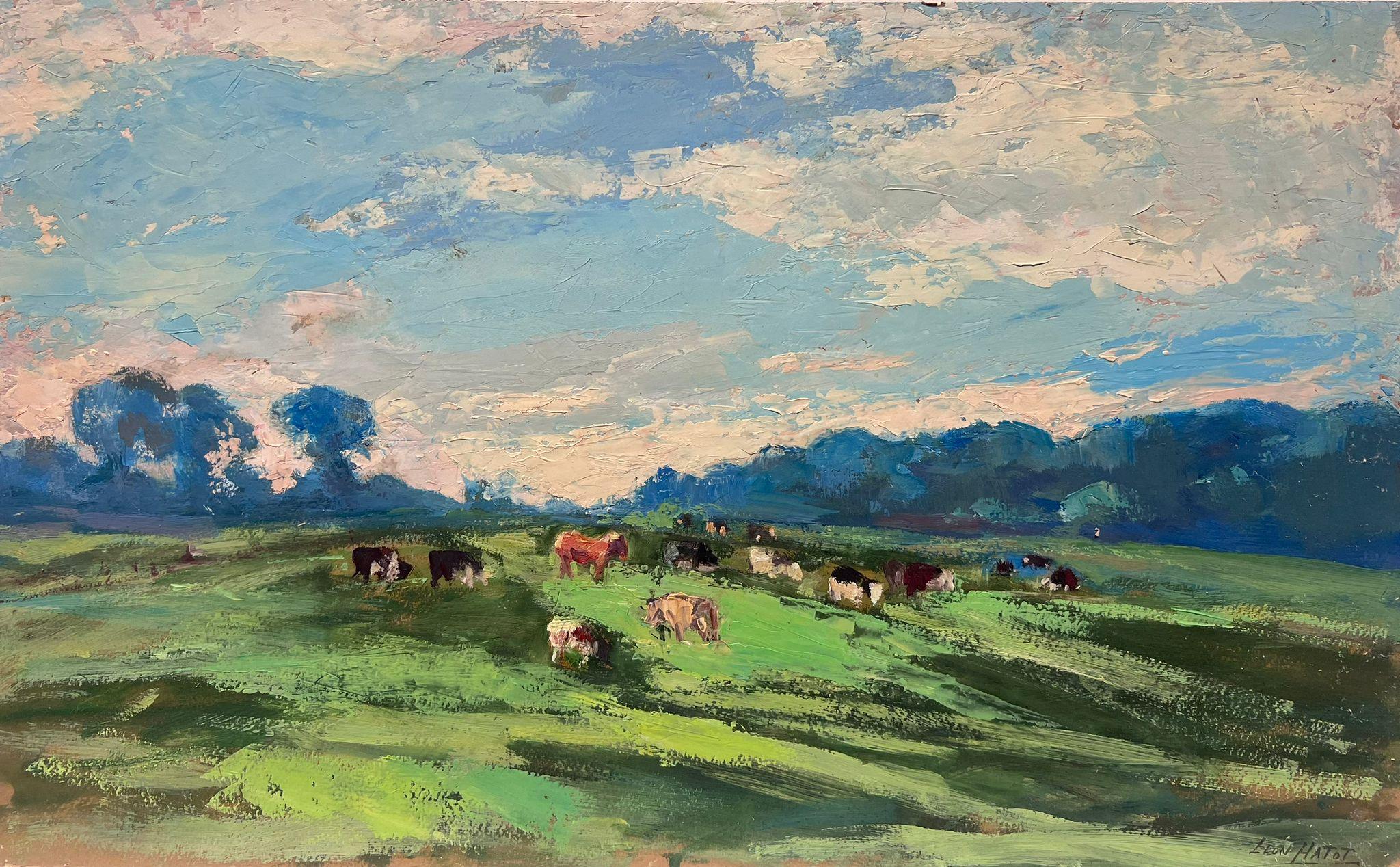 Leon Hatot Animal Painting - Vintage French Oil Painting Cows Grazing Green Summer Grass Summer Landscape