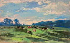 Peinture à l'huile française ancienne - Paysage d'été avec vaches qui brouillent sur des gazons verts