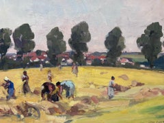 Vintage French Oil Painting Of Harvest Workers In Golden Hay Fields