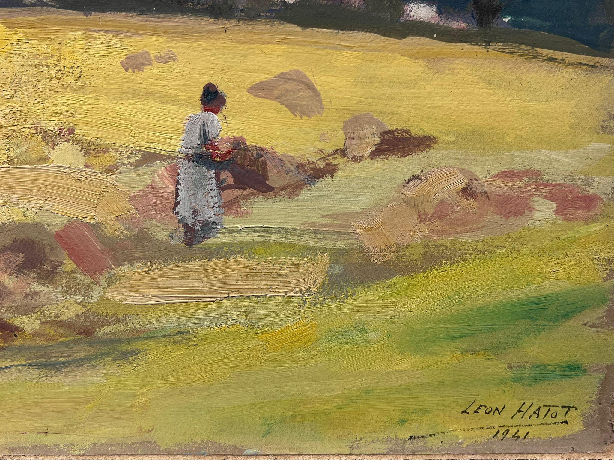 Vintage French Oil Painting Of Harvest Workers In Golden Hay Fields For Sale 1