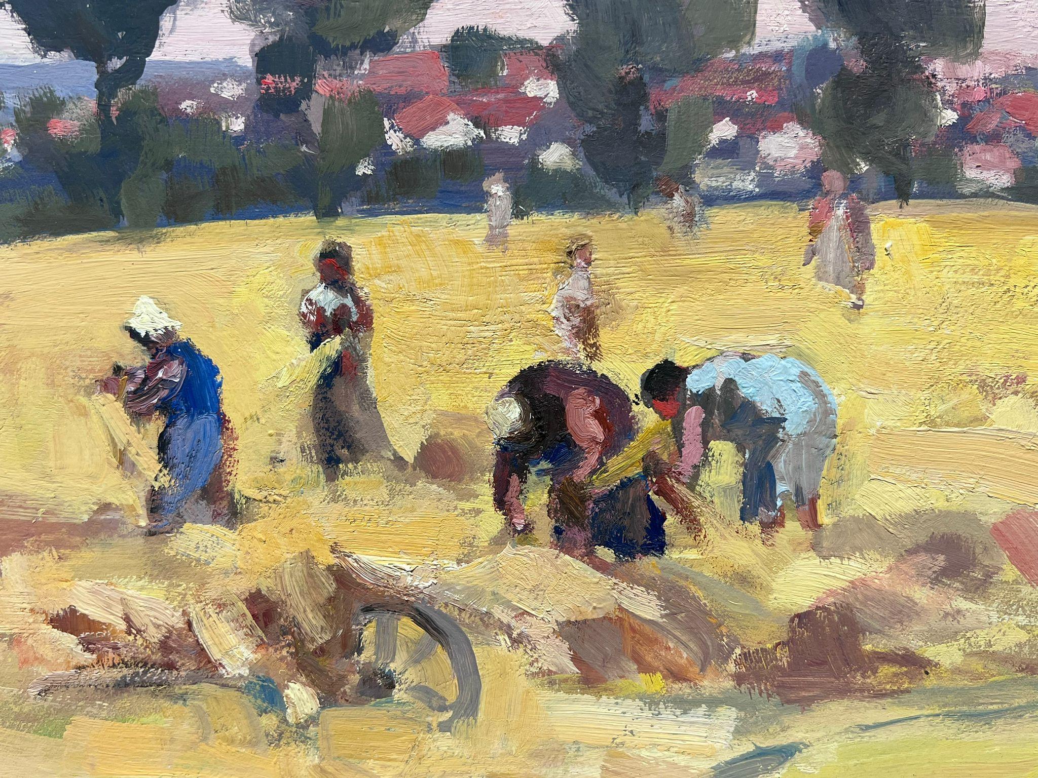 Vintage French Oil Painting Of Harvest Workers In Golden Hay Fields For Sale 2