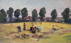 Peinture à l'huile française d'époque représentant des moissonneurs dans des champs de foin dorés
