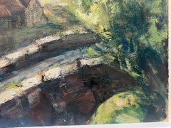 Vintage French Oil Painting Horses Trotting Atmospheric Village Landscape