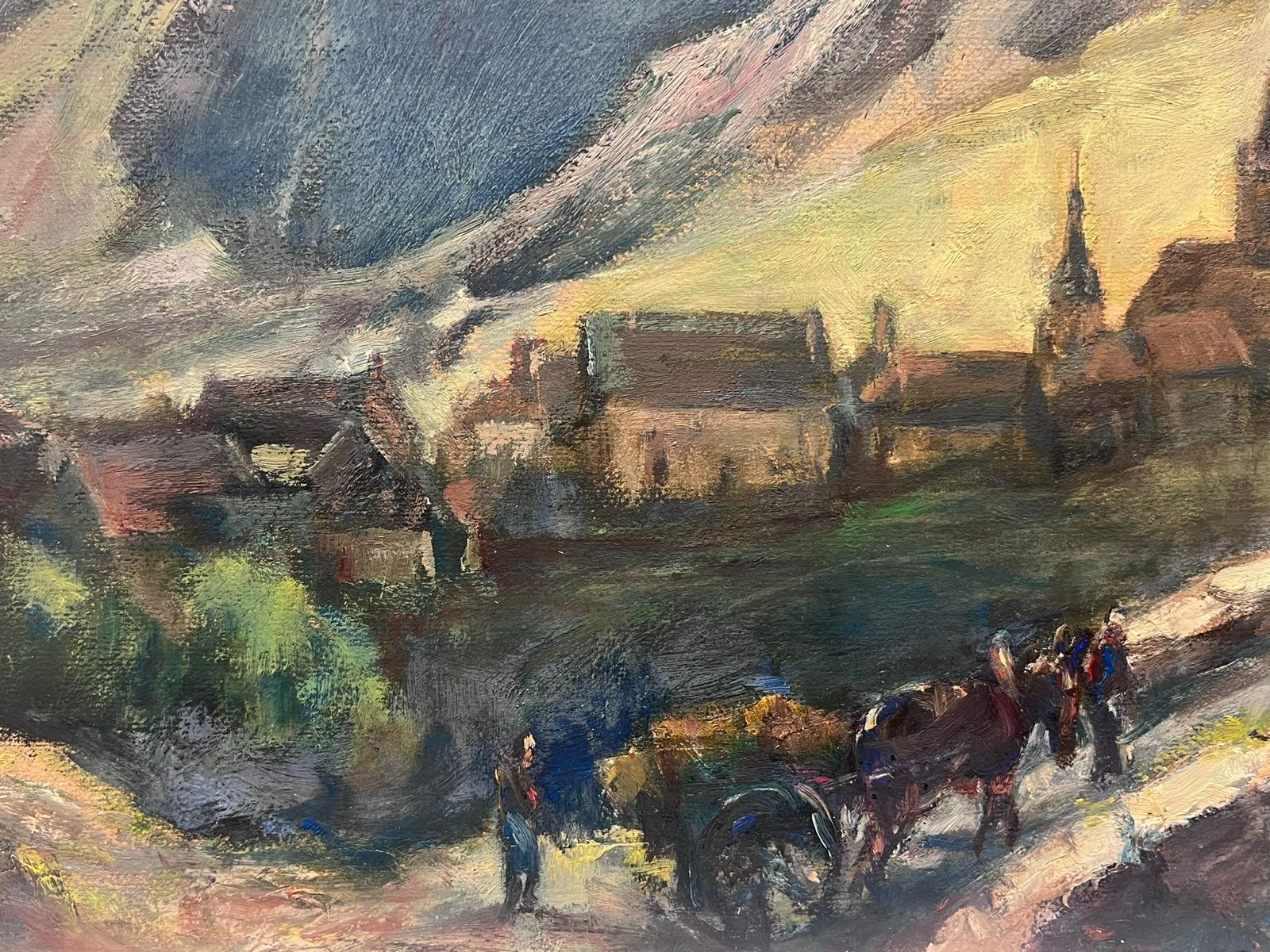 Peinture à l'huile française vintage - Paysage de village atmosphérique avec chevaux qui s'envolent - Impressionnisme Painting par Leon Hatot