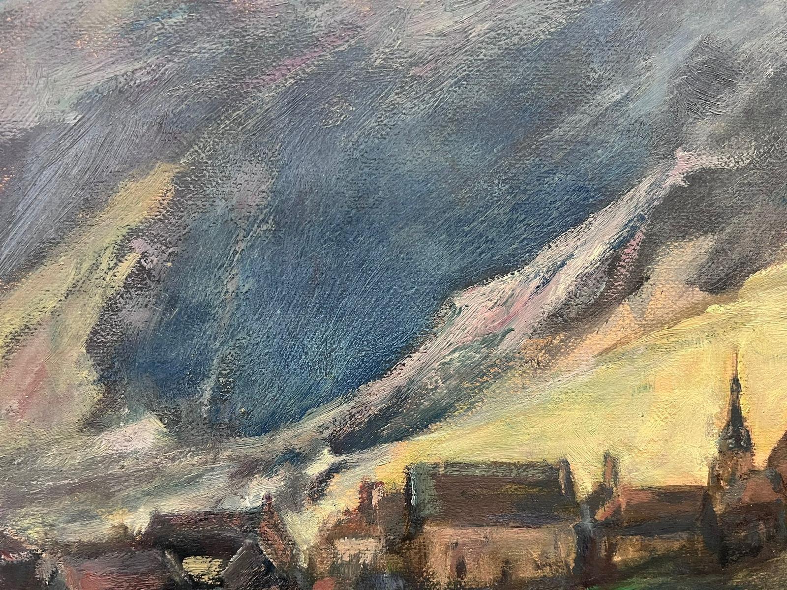 Vintage French Oil Painting Horses Trotting Atmospheric Village Landscape For Sale 1