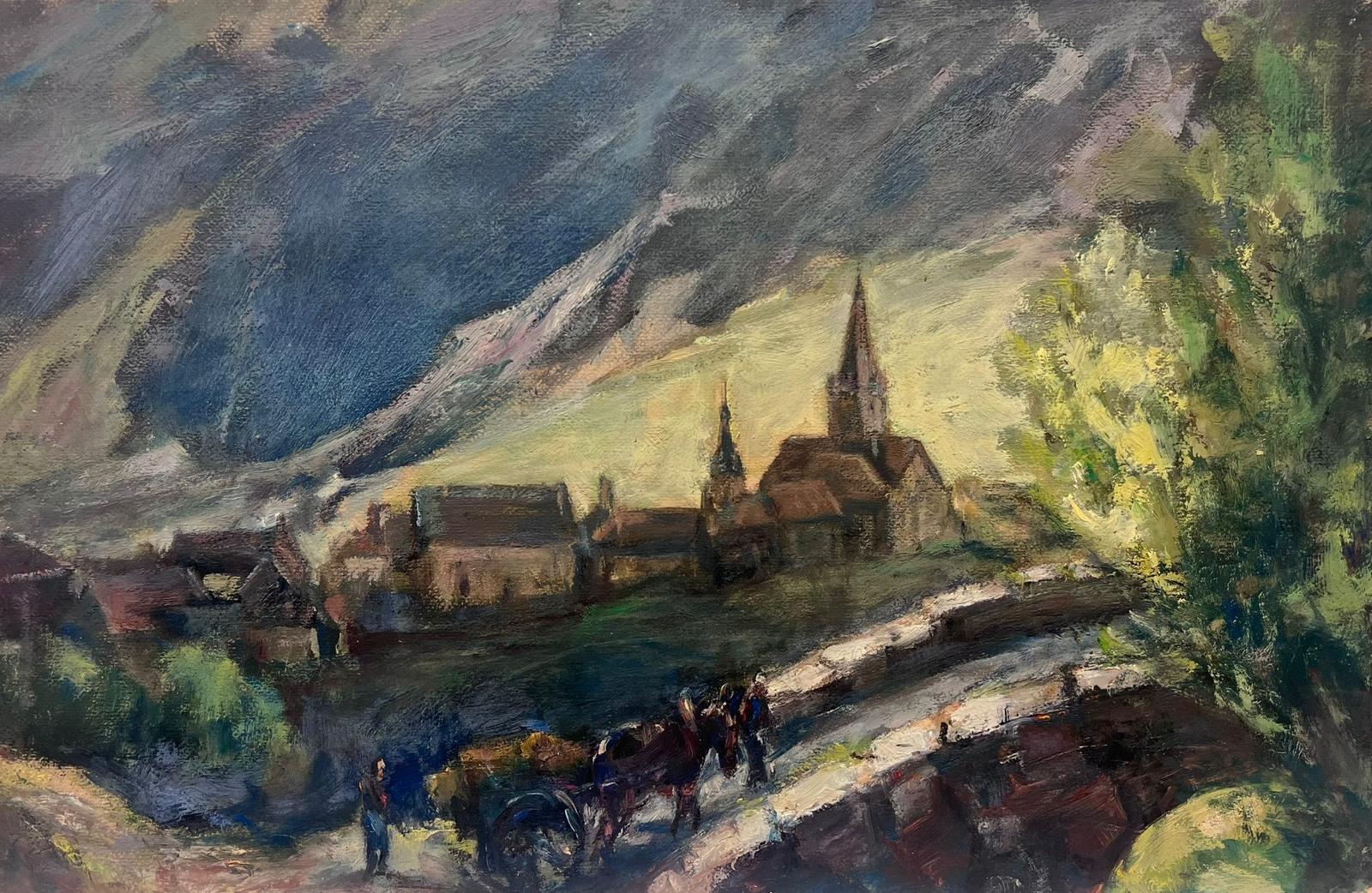 Landscape Painting Leon Hatot - Peinture à l'huile française vintage - Paysage de village atmosphérique avec chevaux qui s'envolent