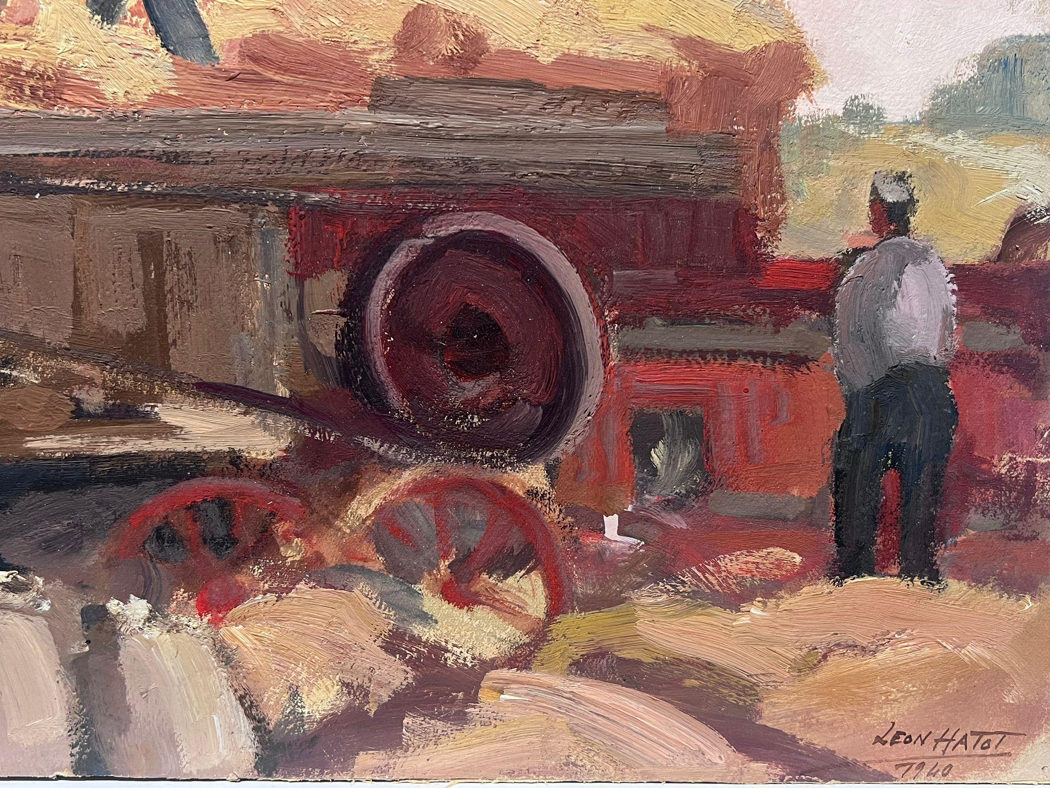 Peinture à l'huile impressionniste française du milieu du 20e siècle Récolte des travailleurs dans les champs - Painting de Leon Hatot