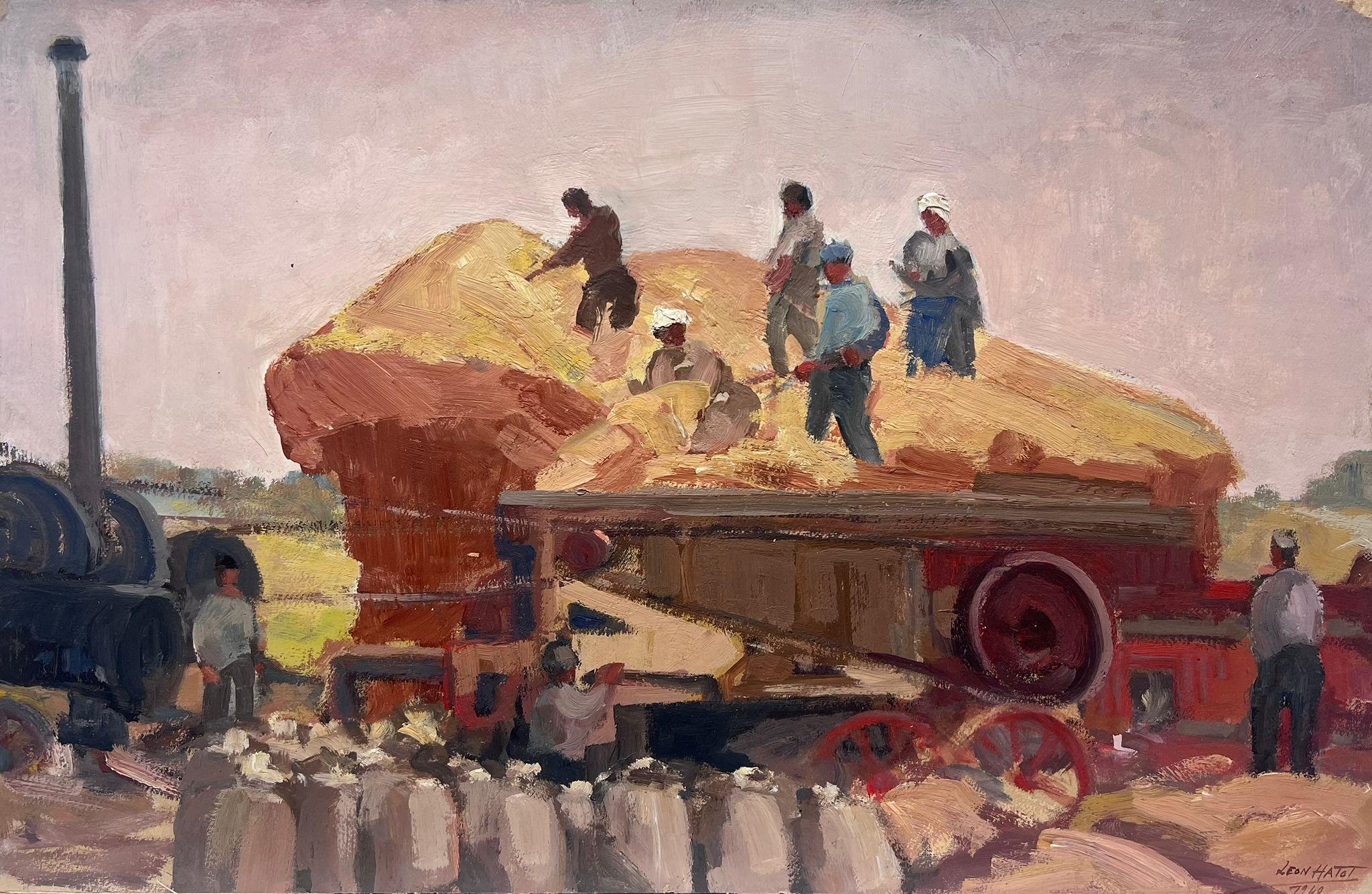 Figurative Painting Leon Hatot - Peinture à l'huile impressionniste française du milieu du 20e siècle Récolte des travailleurs dans les champs