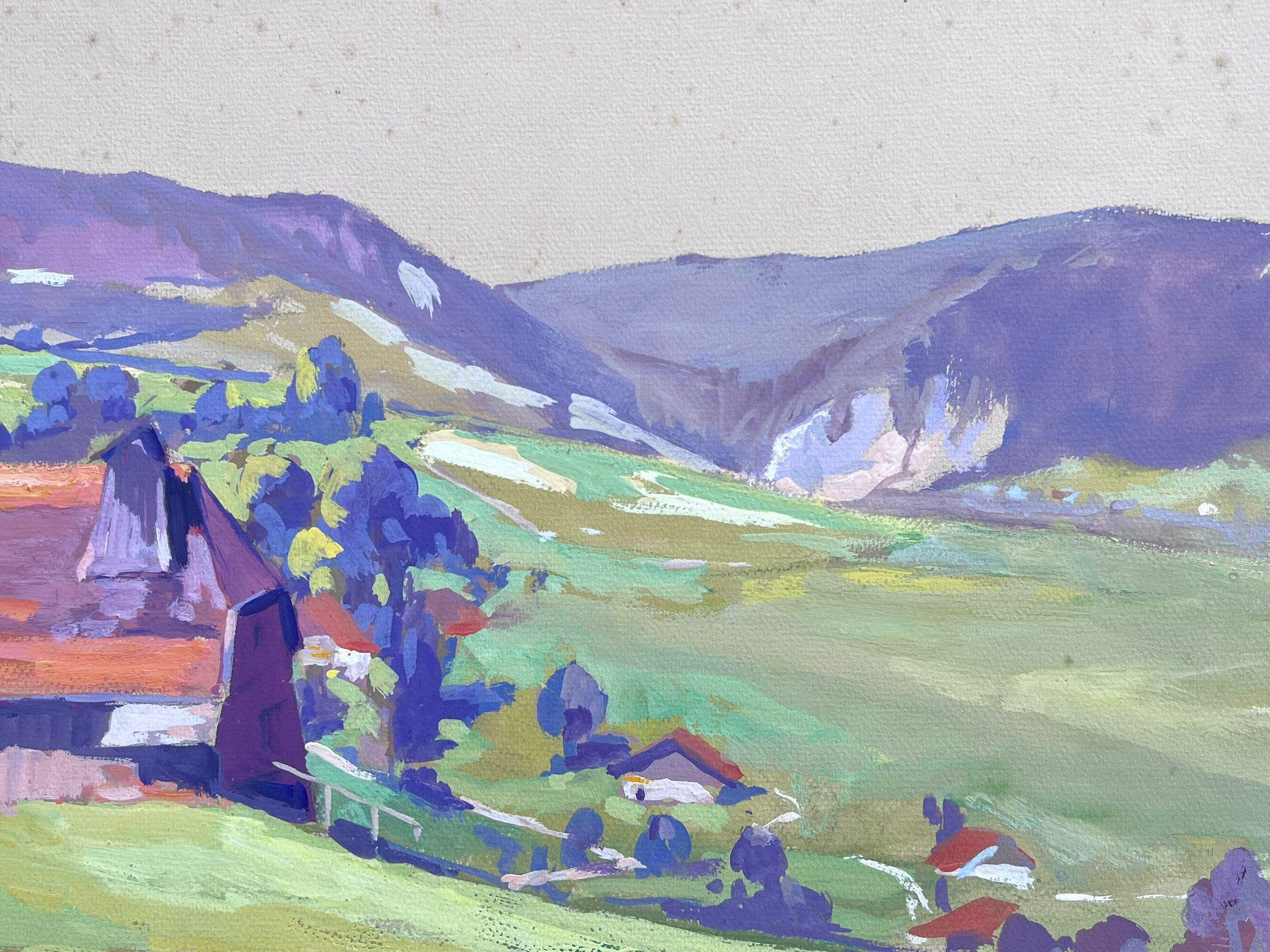 Peinture à l'huile française vintage d'une maison violet fluo dans un paysage ouvert vert vif - Painting de Leon Hatot